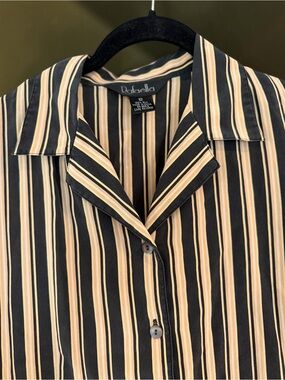 Rafaella 100% Silk Striped Blouse Size 12 Black Tan Colorblock Vintage Career